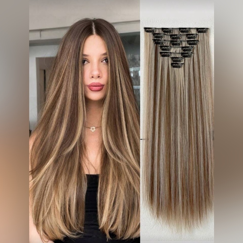 Human Hair Blend Light Brown & Light Blonde highlights Hair Extensions 24 in